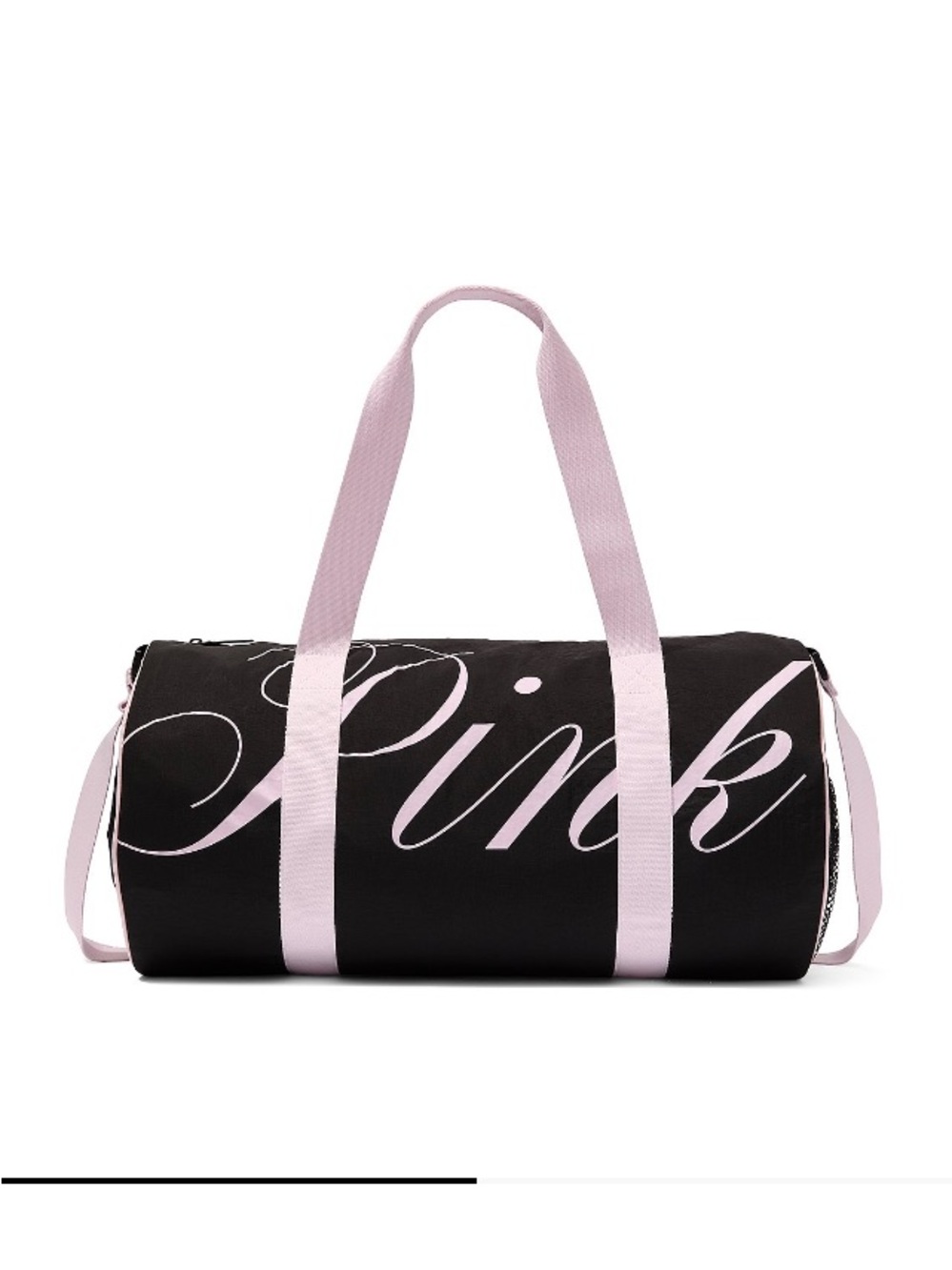 PINK Victoria's Secret Black Duffel with Light Pink Script and Straps